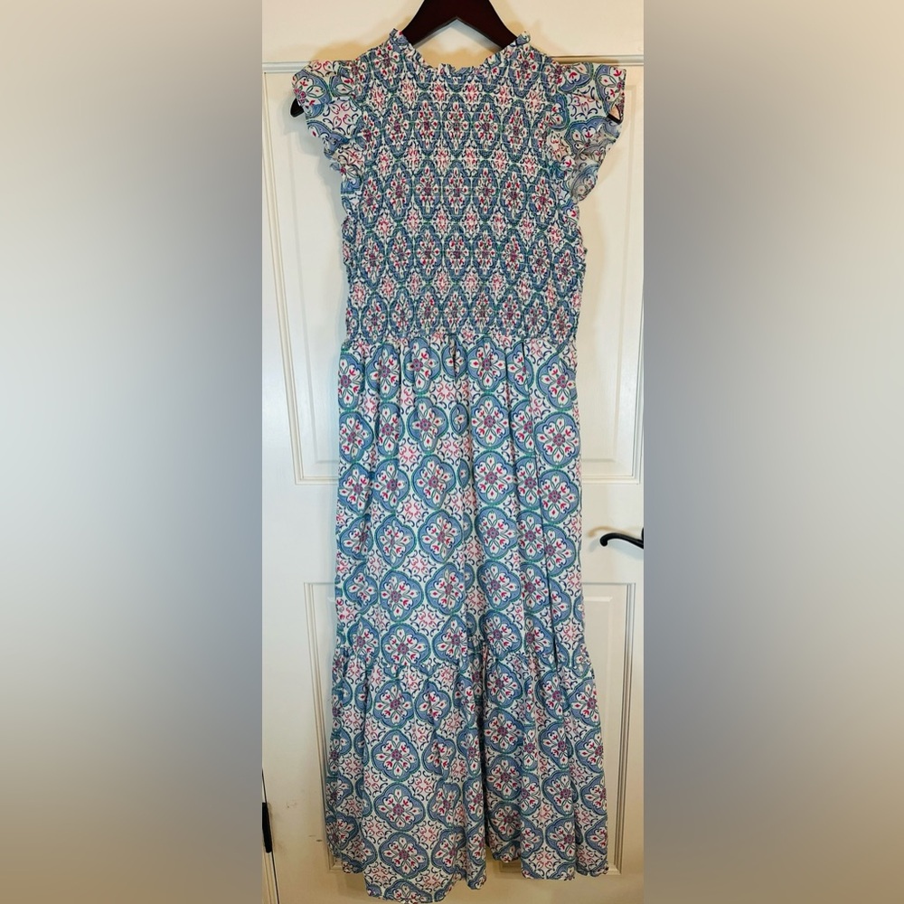 LOFT Floral Maxi Dress with Ruffles in Blue, Pink and White
